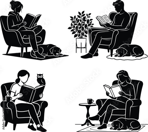 Silhouettes of people reading books with pets a decorative vector illustration readers black white domestic