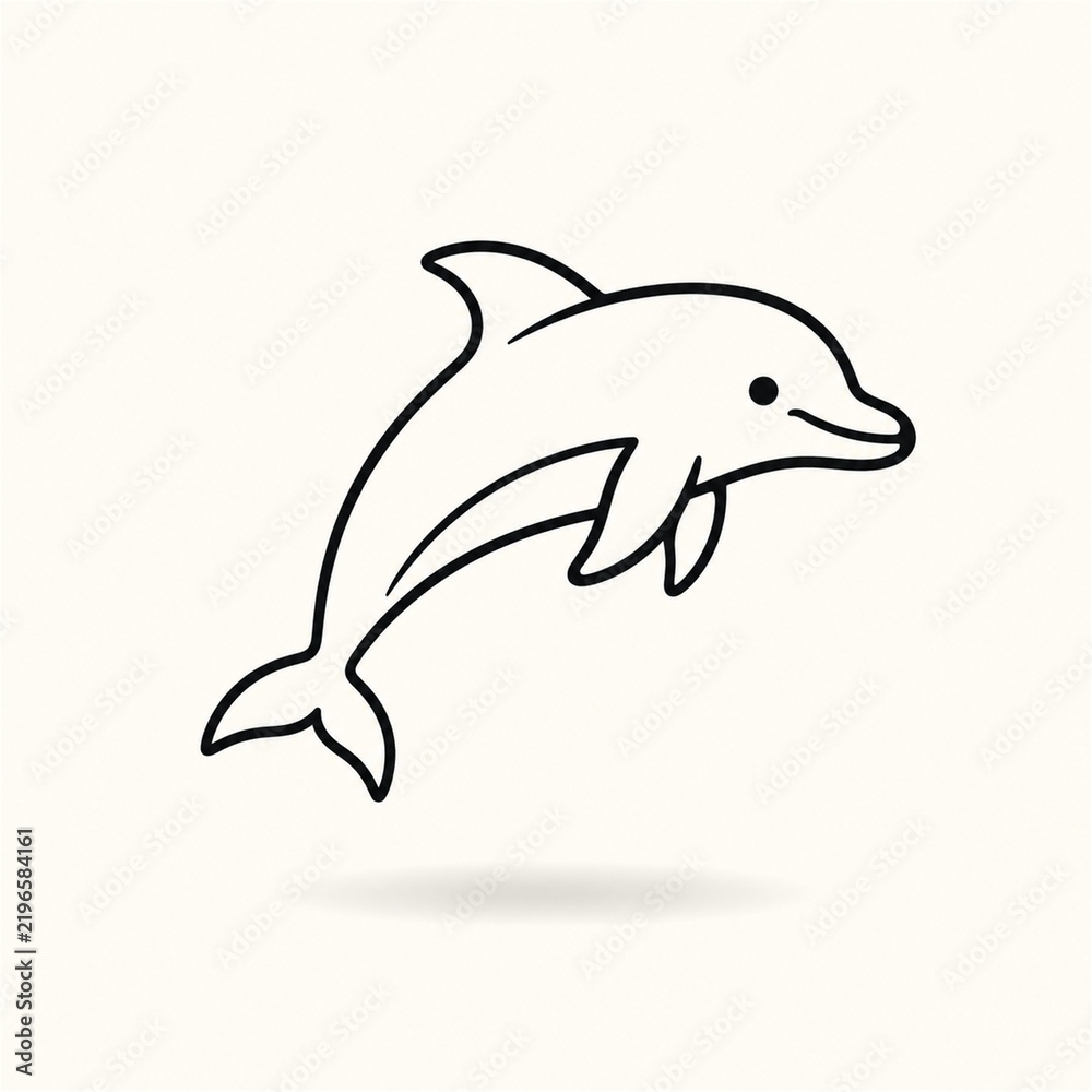 Fototapeta premium Minimal black line art dolphin floating above a soft shadow on an off white background