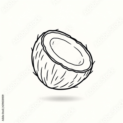 Minimal black line art coconut floating above a soft shadow on an off white background