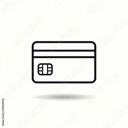 Minimal black line art credit card floating above a soft shadow on an off white background