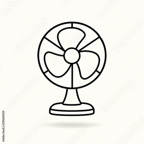Minimal black line art desk fan floating above a soft shadow on an off white background