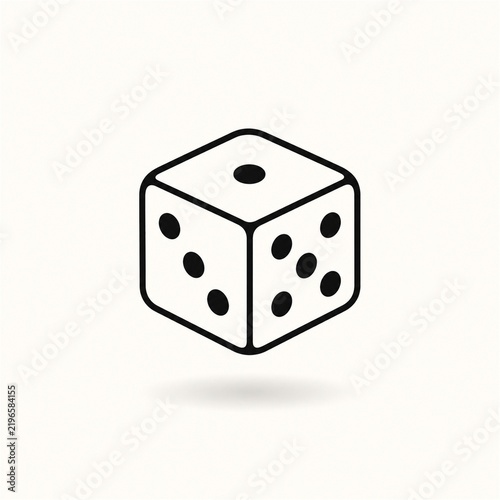 Minimal black line art dice floating above a soft shadow on an off white background