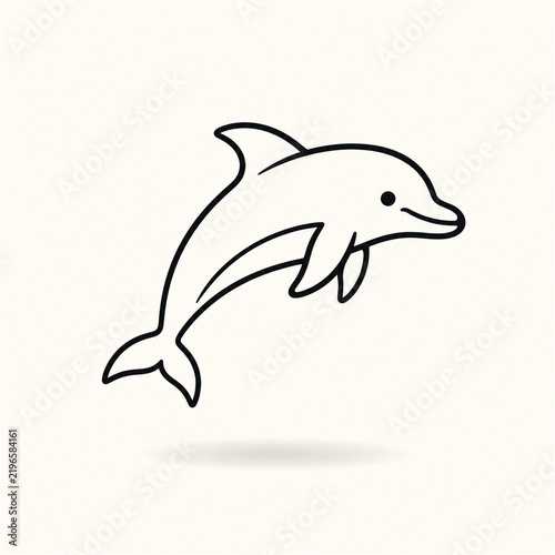 Minimal black line art dolphin floating above a soft shadow on an off white background