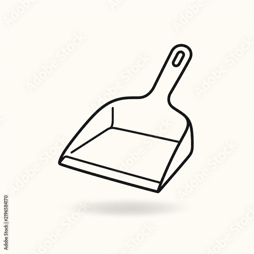 Minimal black line art dustpan floating above a soft shadow on an off white background