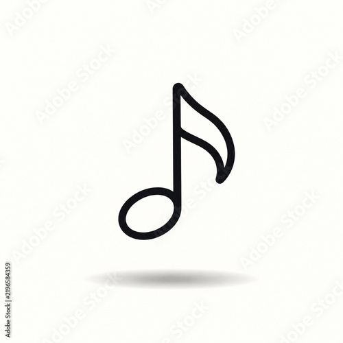 Minimal black line art music note floating above a soft shadow on an off white background