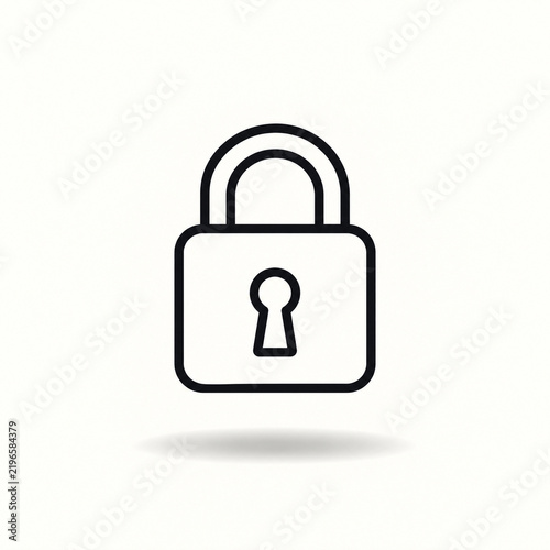 Minimal black line art padlock floating above a soft shadow on an off white background
