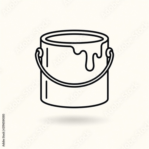 Minimal black line art paint bucket floating above a soft shadow on an off white background