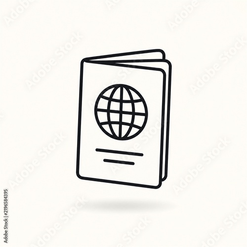 Minimal black line art passport floating above a soft shadow on an off white background
