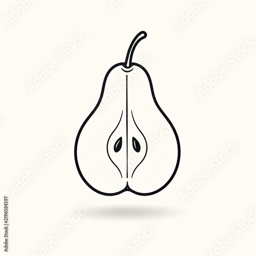 Minimal black line art pear half floating above a soft shadow on an off white background