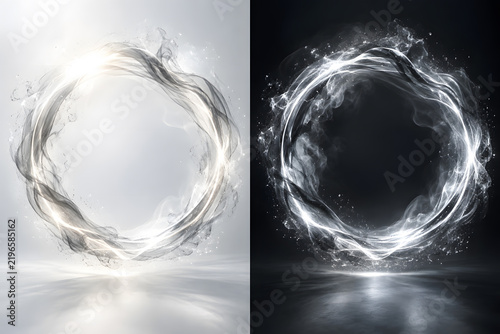 Smoke light circle shown on white and black backgrounds side by side