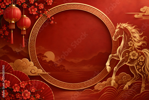 Red and gold chinese new year frame with horse lanterns and fans