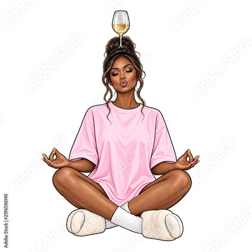 Woman Meditating with Wine Glass – Funny Self Care and Relaxation Illustration
