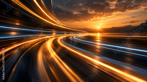 Orange and blue light trails curving toward a bright mountain sunset