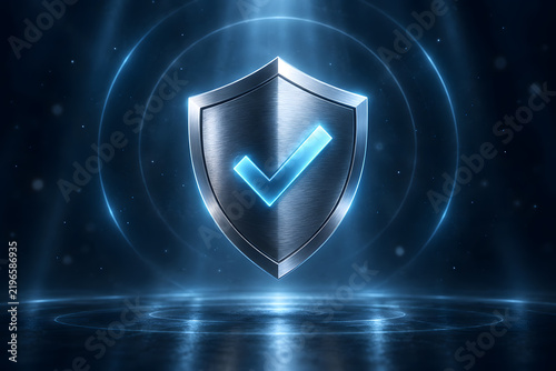 Metal shield with glowing blue check mark floating in dark blue light