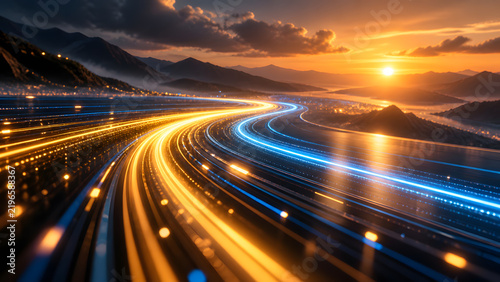 Golden and blue light trails curving toward sunset over mountains