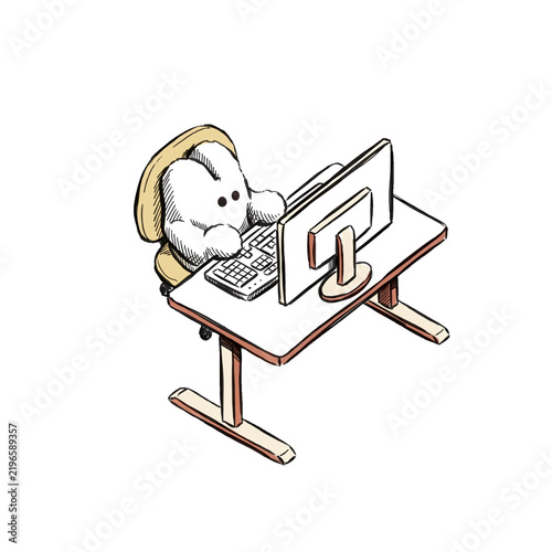 Plakat Cute rabbit character typing on computer desk isometric illustration