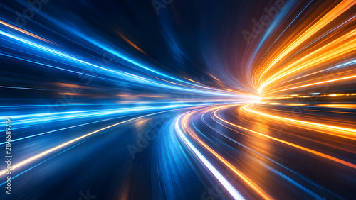 Fast blue and orange light trails rushing into a bright tunnel
