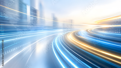 Fast blue and gold light trails curving through a bright modern city