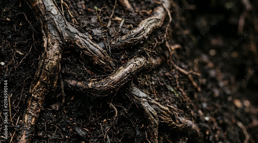 Fototapeta premium Close up view of twisted tree roots protruding from dark damp soil