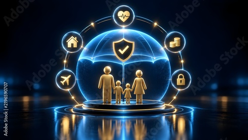 Golden family figures protected by glowing digital umbrella with shield checkmark and comprehensive life health property insurance icons