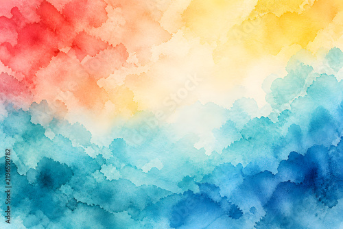Bright rainbow watercolor wash blending red yellow teal and blue on paper