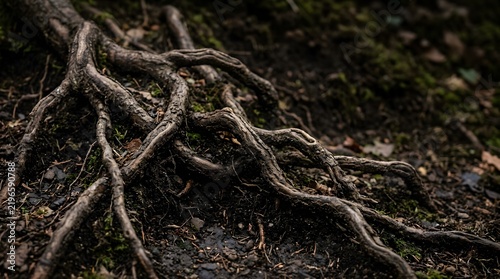 Exposed gnarled tree roots spreading across dark damp forest soil