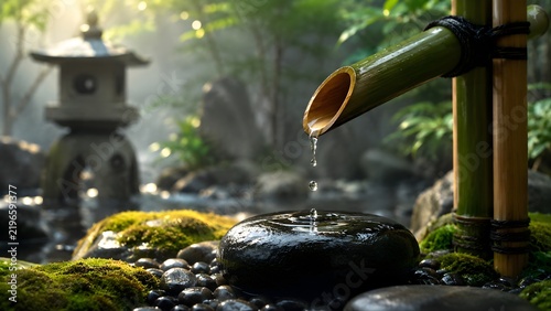 Fresh water dripping from bamboo pipe onto green mossy rock
