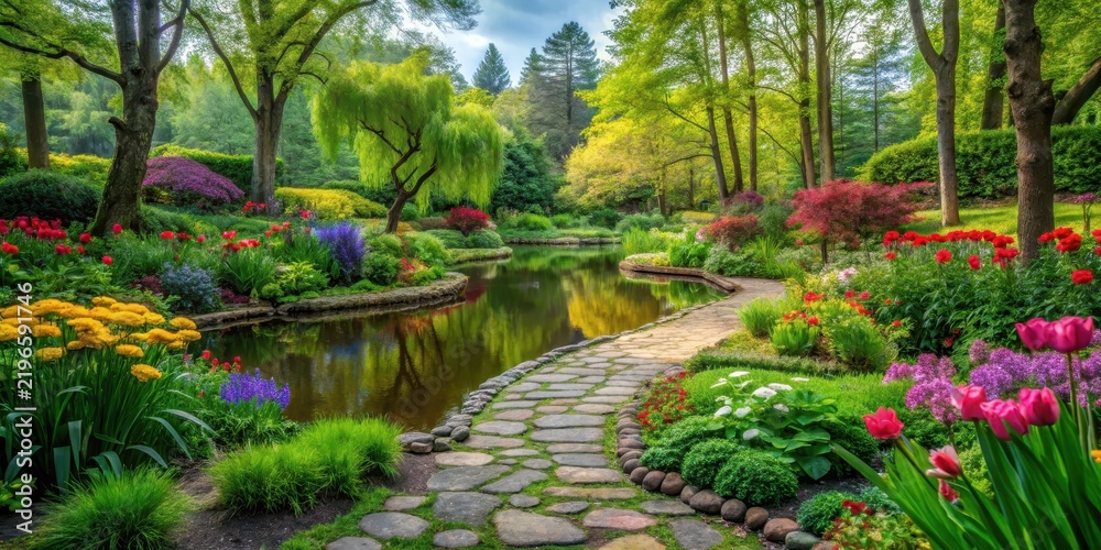 Obraz premium Serene garden scene with lush greenery and vibrant flowers surrounded by tall trees and a meandering stone path leading to a tranquil pond , landscape design, nature