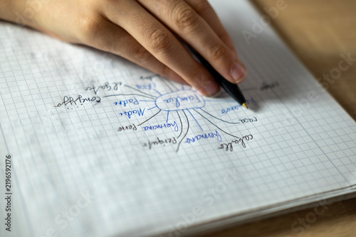 Foto teenage boy draws family mind map relatives, DNA, and genealogy, sketches family