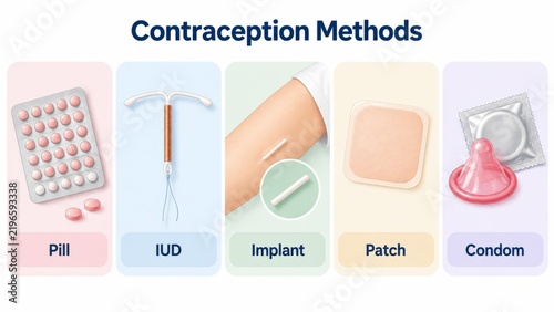 Infographic of contraception methods featuring pill, iud, implant, patch, and condom on white background. concept of family planning and birth control options