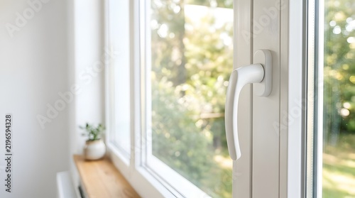 White window frame with handle and blurred garden view from indoors