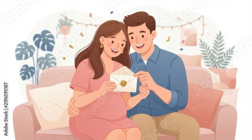 A couple gathers at their home to reveal the gender of their baby with a card and confetti. The setting is festive and cheerful.