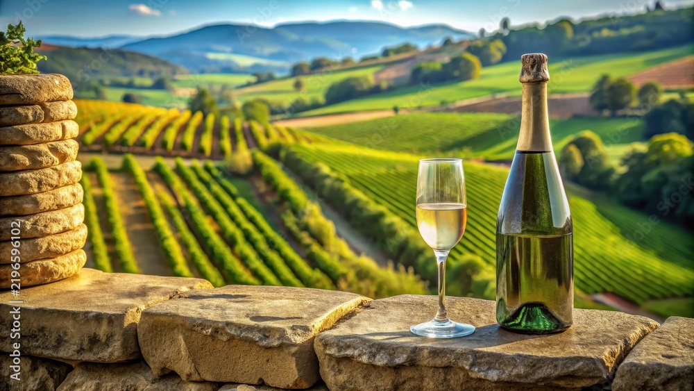 Obraz premium An exquisite champagne bottle and fine wine glass resting against a stone wall surrounded by rolling hills of green vineyards in the picturesque Empord region, champagne, empord