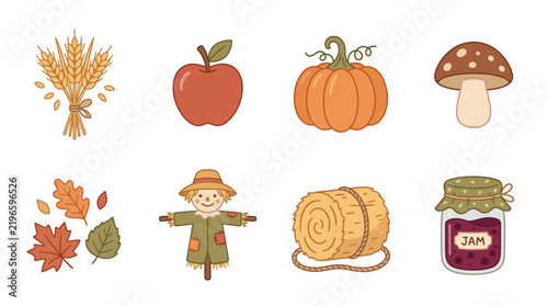 Collection of Hand Drawn Autumn Elements Featuring Seasonal Farm Icons and Harvest