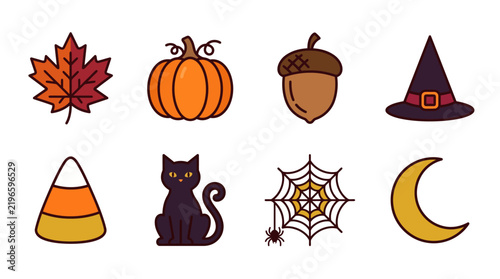 Set of Colorful Autumnal and Spooky Halloween Seasonal Decorative Elements
