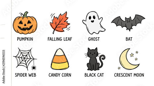 Cute Hand Drawn Halloween Icon Set Featuring Festive Holiday Symbols and Characters