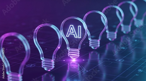 Glowing Neon AI Light Bulb in a Row of Ideas Concept