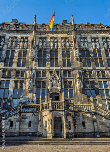 Aachen, Germany, Europe - July 29, 2026: Rathaus, the north facade of the City Hall. Central trio statue is called Christ in Majesty. He sits in the middle. Left: Pope Leo III. Right: Charlemagne. Tha