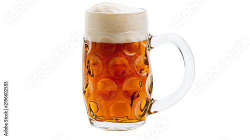 Obraz na plátně Isolated traditional glass beer mug filled with cold frothy golden amber lager b