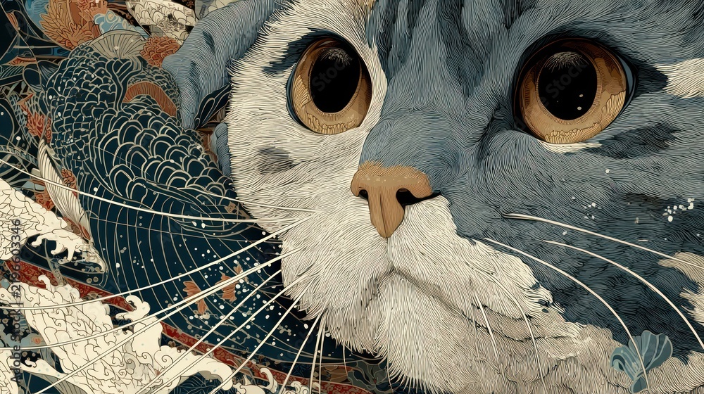 Fototapeta premium Artistic cat illustration with intricate patterns.