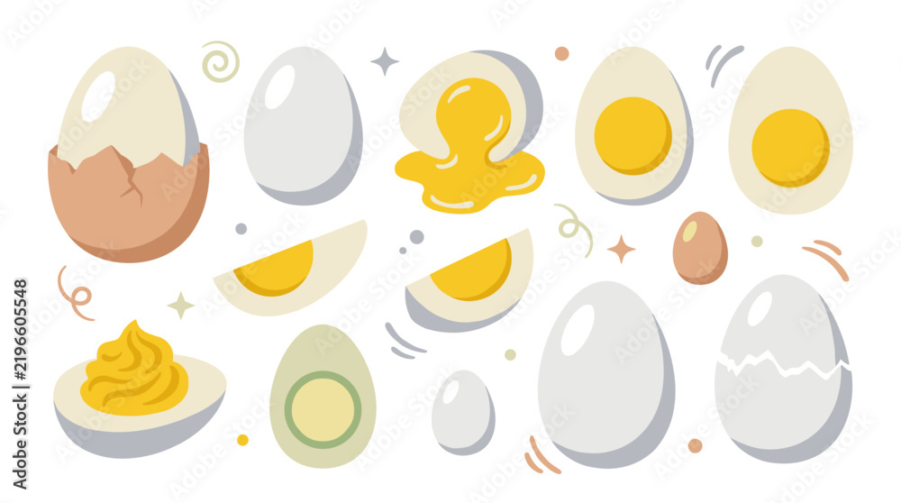 Fototapeta premium Set of various cooked and raw eggs showing halved, peeled, and cracked shell styles for culinary illustration, food menu, recipe decoration