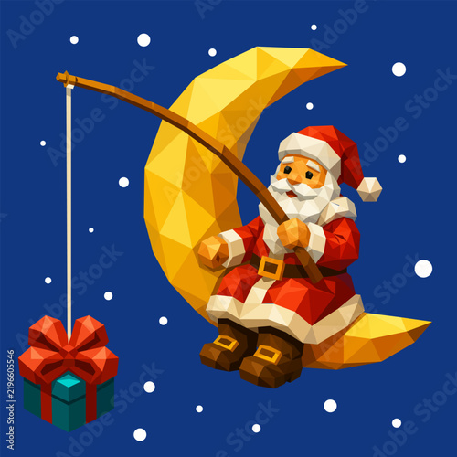 Geometric low-poly Christmas vector illustration of Santa Claus sitting on a crescent moon, fishing a gift box with a rod under snowfall on a dark blue background.