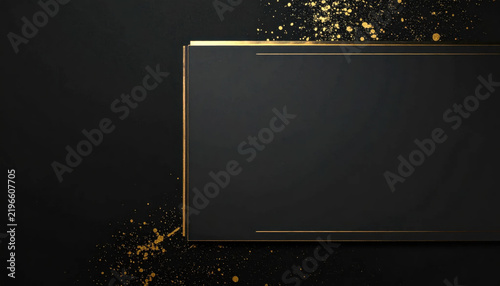 Elegant black rectangular frame with thin gold border and scattered metallic powder, creating dramatic luxury space for text on dark background