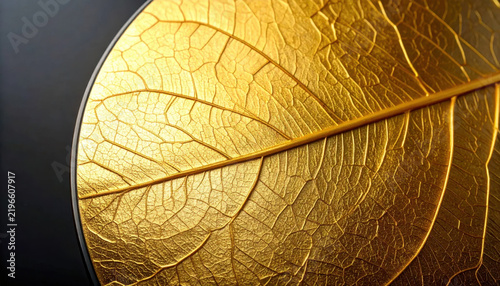Golden leaf macro closeup showing intricate veins and textured surface against dark background