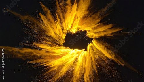 Golden powder burst forming circular vortex on black background, creating dramatic abstract motion with radiant energy and explosive texture