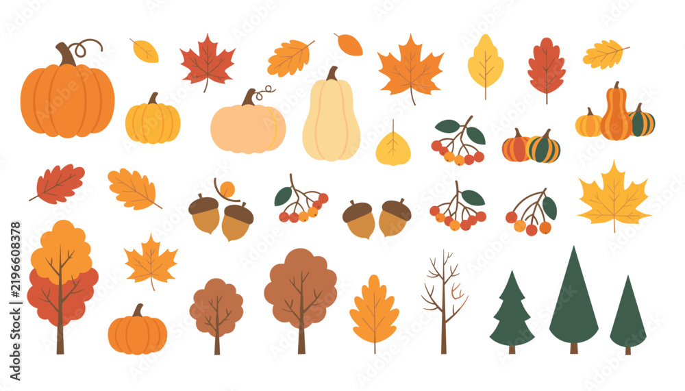 Obraz premium Autumn vector illustration set with pumpkins, leaves, trees, and acorns isolated on white background