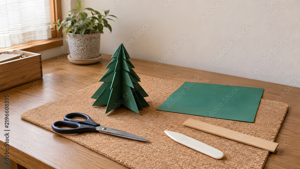 Obraz premium 緑の折り紙で作るクリスマスツリーと紙工作の道具