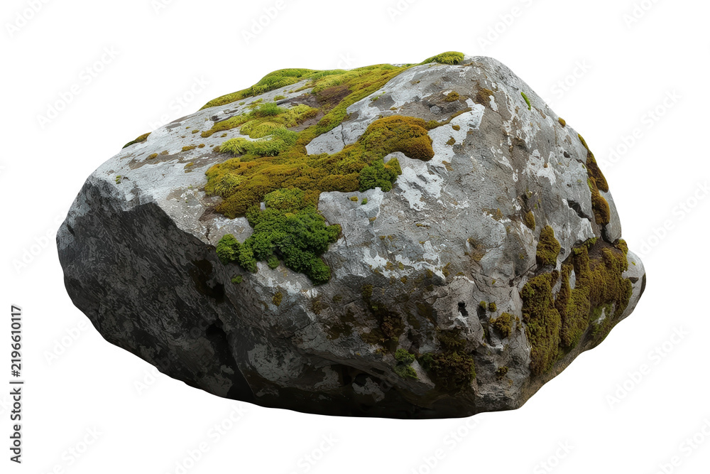 Fototapeta premium Large rugged boulder with moss growing across the top cut out on transparent background