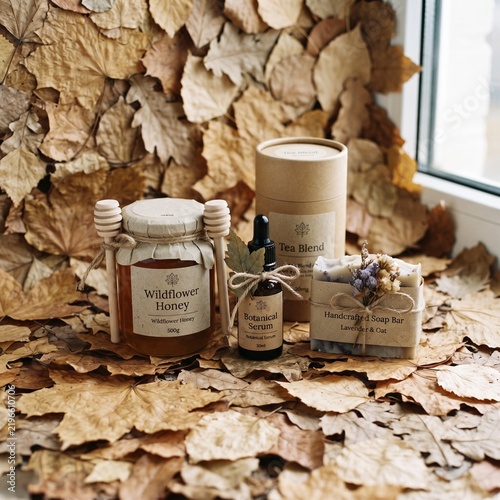 Natural skincare and wellness products arranged on dried autumn leaves near a window with Handcrafted skincare items among fallen leaves natural indoor setting