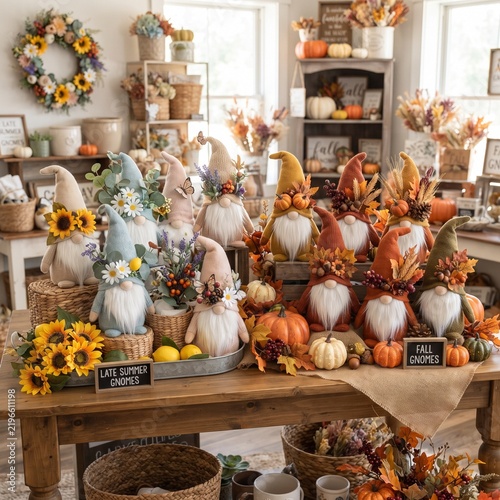 Collection of decorative fabric gnomes displayed on a rustic wooden table for seasonal home decor with assortment handmade fabric gnomes decorated flowers